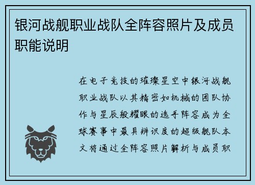 银河战舰职业战队全阵容照片及成员职能说明