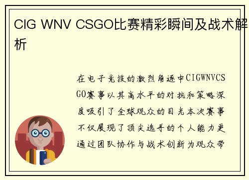 CIG WNV CSGO比赛精彩瞬间及战术解析